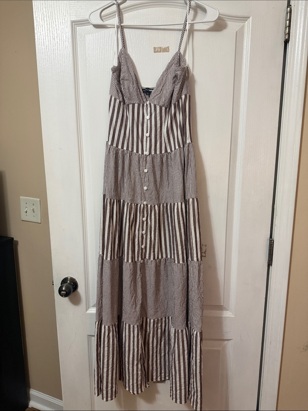 Fashion Nova Brown and White Striped Tiered Maxi Dress